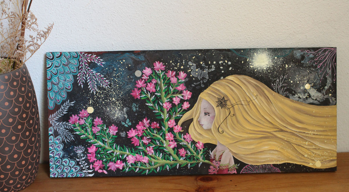 Fleurir sous les étoiles, peinture femme et son jardin