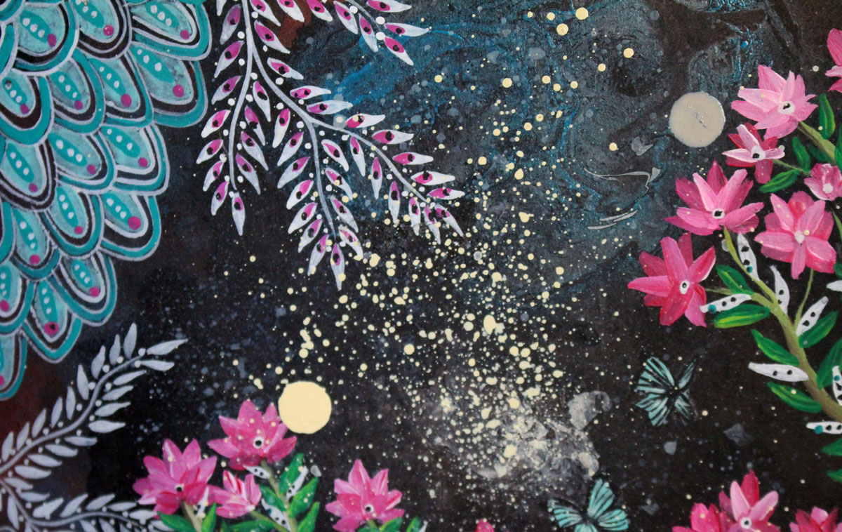 Fleurir sous les étoiles, peinture femme et son jardin