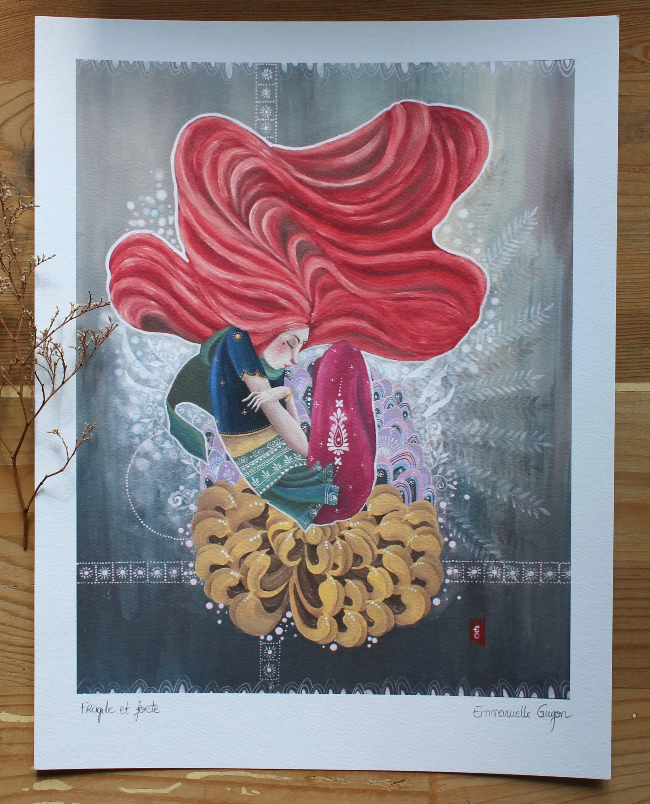 Fragile et forte, peinture de la renaissance d’une femme sur une fleur d’or