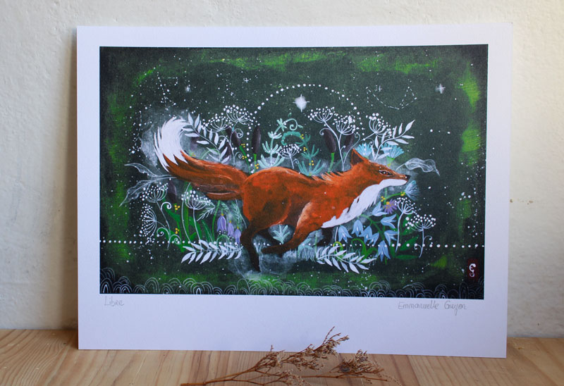 Libre, peinture renard courrant dans la campagne