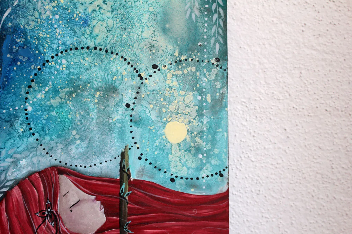 Prends de la hauteur, peinture femme sur une balancoire
