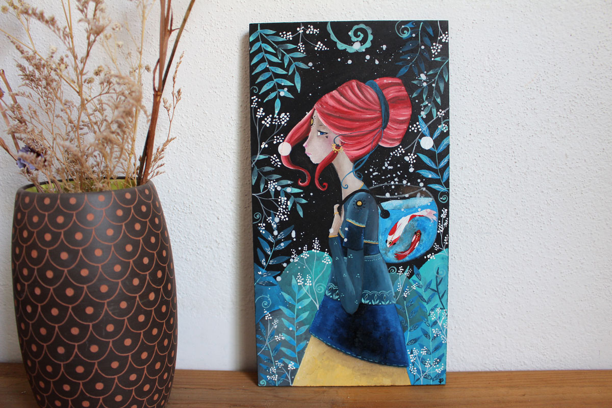 Respirer la lumière, peinture femme avec un sac aquarium