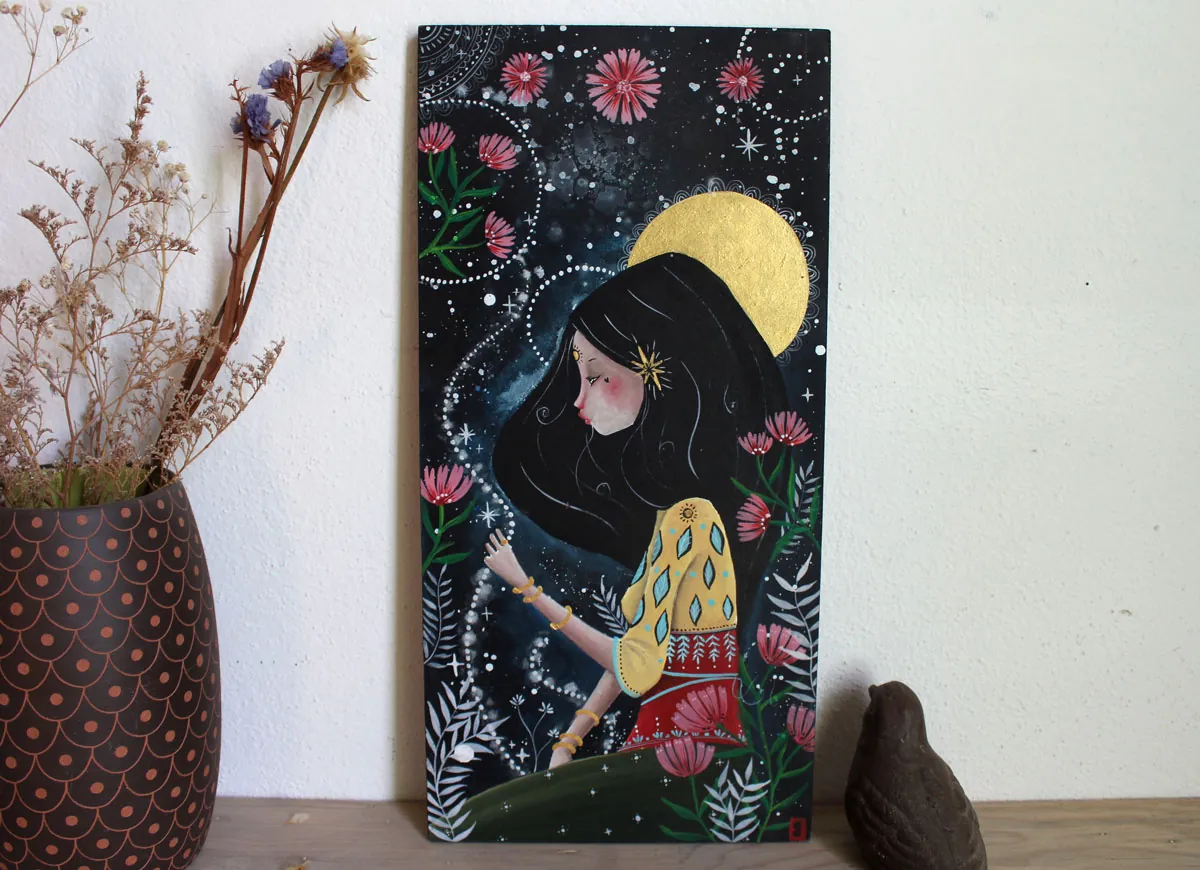 Tisseuse d’étoiles, peinture d’une artiste des cieux reliant âmes et astres