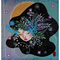 Visage en fleur sur fond bleu, peinture fée de la nature